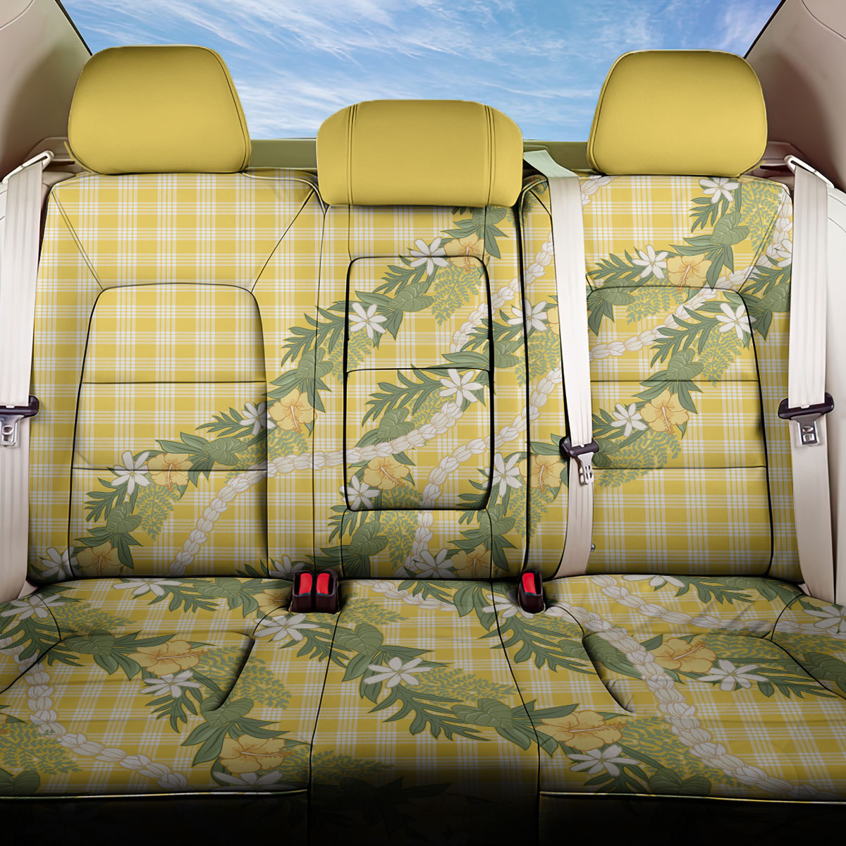 Aloha Puakenikeni Anthurium Pikake Lei Back Car Seat Cover Gold Hawaiian Palaka Pattern
