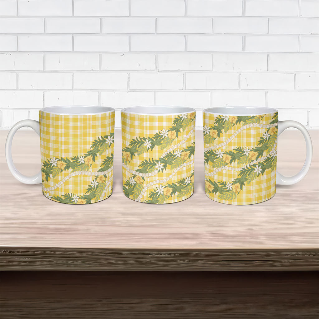 Aloha Puakenikeni Anthurium Pikake Lei Ceramic Mug Gold Hawaiian Palaka Pattern