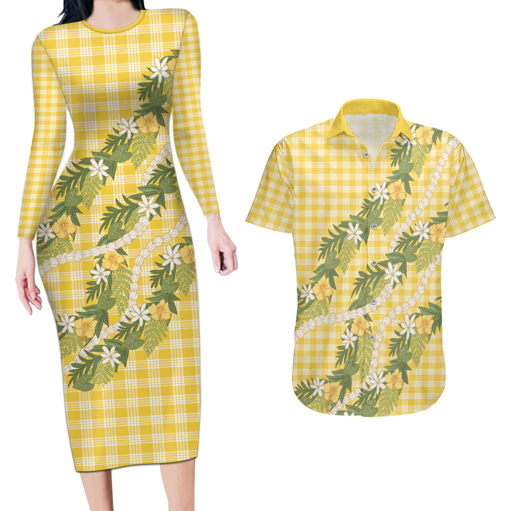 Aloha Puakenikeni Anthurium Pikake Lei Couples Matching Long Sleeve Bodycon Dress and Hawaiian Shirt Gold Hawaiian Palaka Pattern