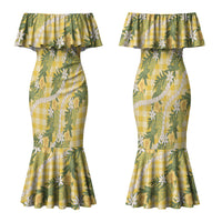 Aloha Puakenikeni Anthurium Pikake Lei Couples Matching Mermaid Dress and Hawaiian Shirt Gold Hawaiian Palaka Pattern LT9 - Polynesian Pride