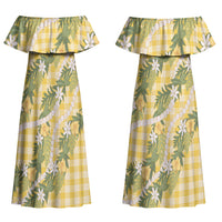 Aloha Puakenikeni Anthurium Pikake Lei Couples Matching Off Shoulder Maxi Dress and Hawaiian Shirt Gold Hawaiian Palaka Pattern LT9 - Polynesian Pride