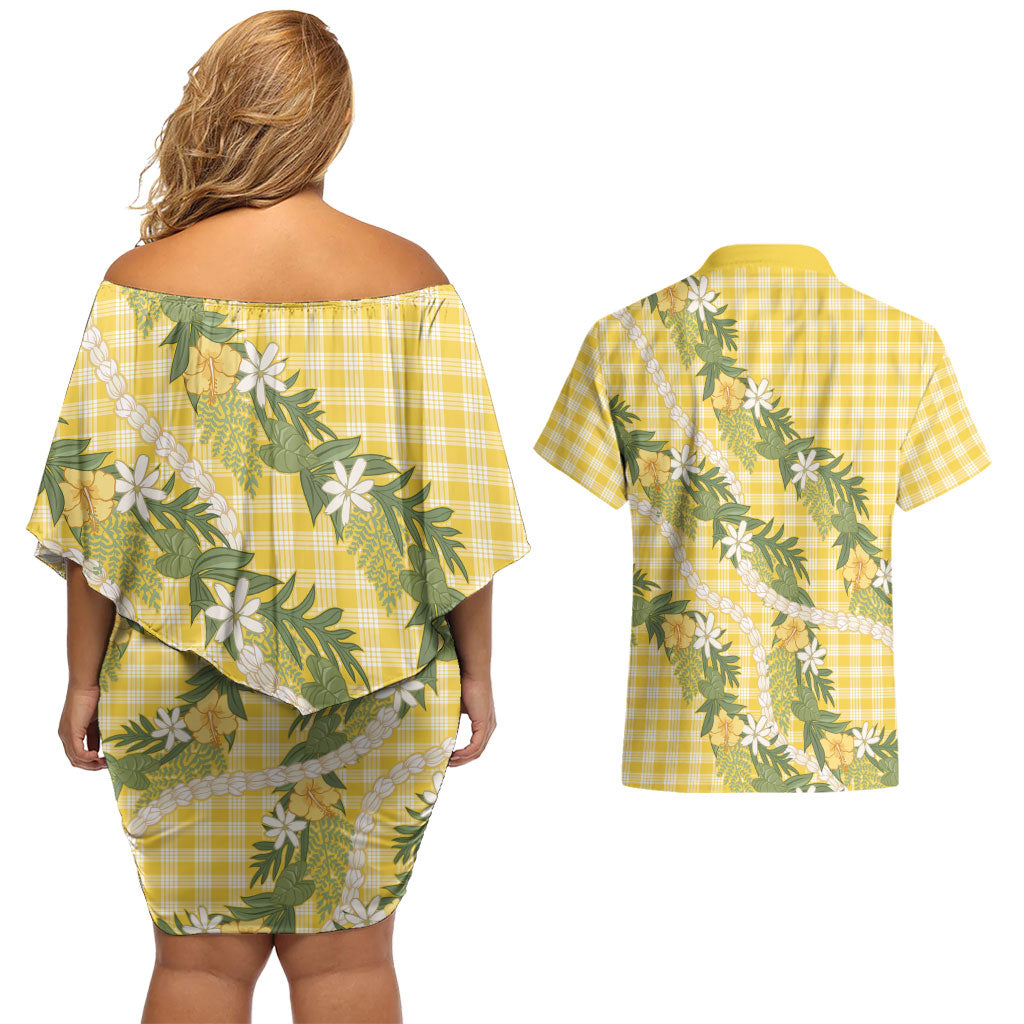 Aloha Puakenikeni Anthurium Pikake Lei Couples Matching Off Shoulder Short Dress and Hawaiian Shirt Gold Hawaiian Palaka Pattern
