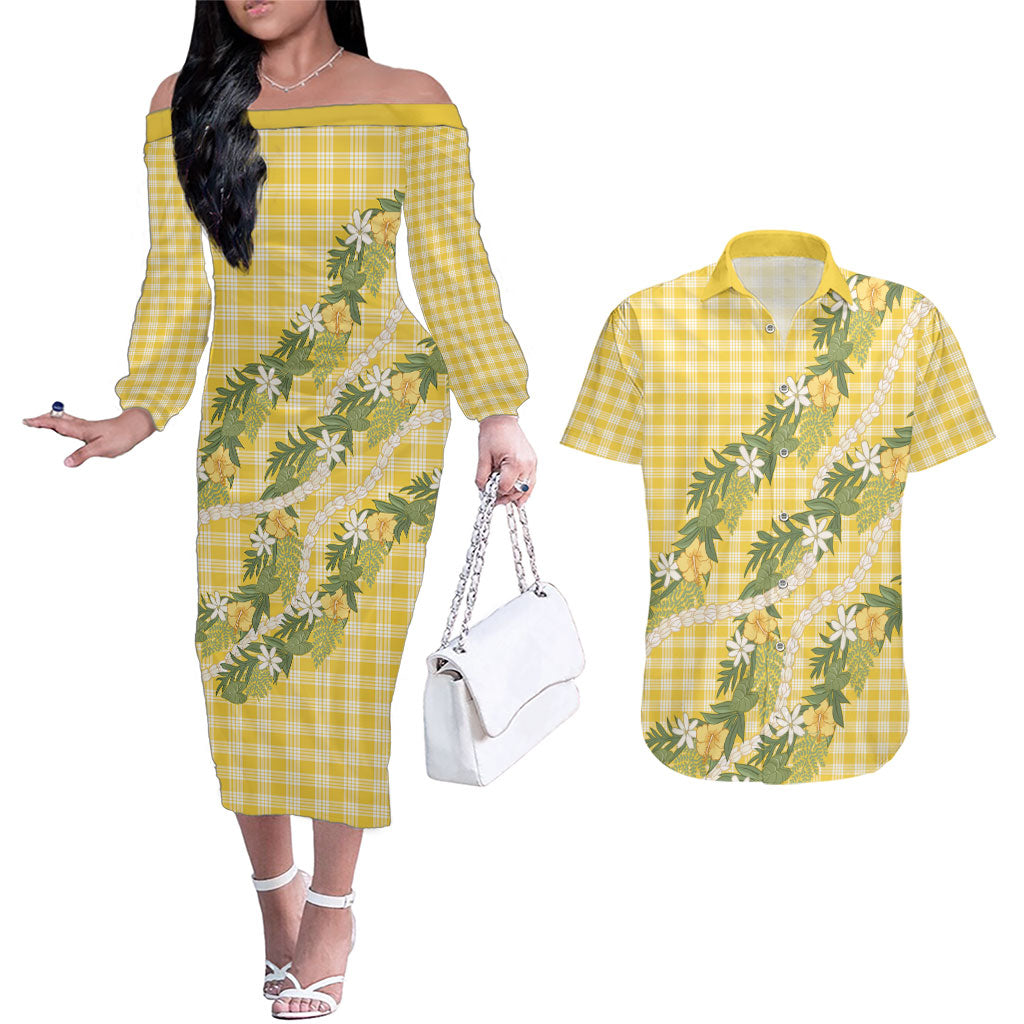 Aloha Puakenikeni Anthurium Pikake Lei Couples Matching Off The Shoulder Long Sleeve Dress and Hawaiian Shirt Gold Hawaiian Palaka Pattern LT9 Gold - Polynesian Pride