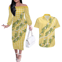Aloha Puakenikeni Anthurium Pikake Lei Couples Matching Off The Shoulder Long Sleeve Dress and Hawaiian Shirt Gold Hawaiian Palaka Pattern LT9 Gold - Polynesian Pride
