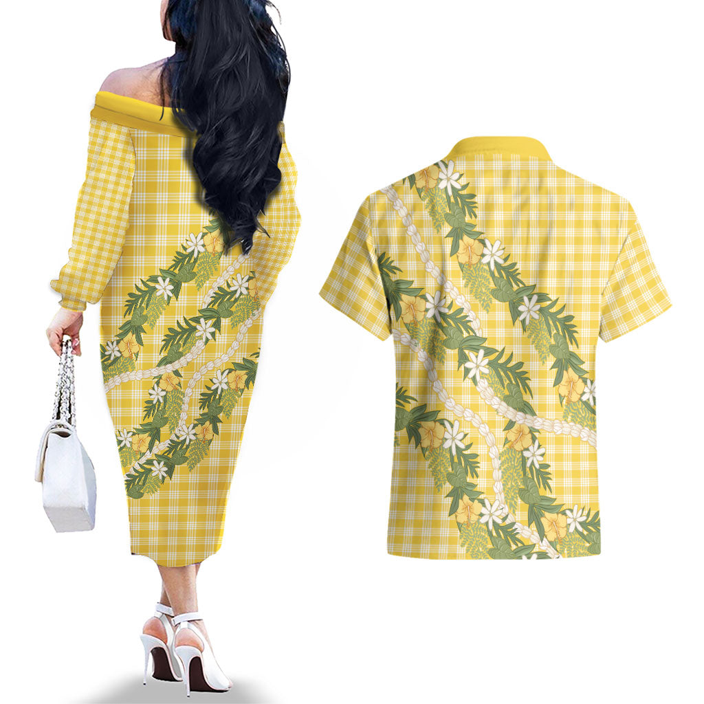 Aloha Puakenikeni Anthurium Pikake Lei Couples Matching Off The Shoulder Long Sleeve Dress and Hawaiian Shirt Gold Hawaiian Palaka Pattern LT9 - Polynesian Pride