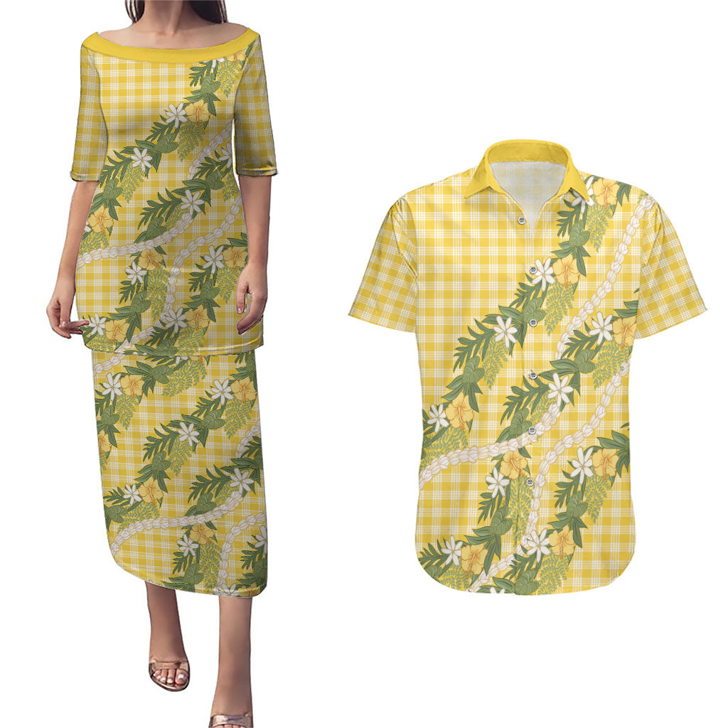 Aloha Puakenikeni Anthurium Pikake Lei Couples Matching Puletasi and Hawaiian Shirt Gold Hawaiian Palaka Pattern