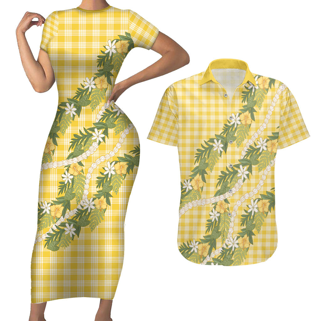 Aloha Puakenikeni Anthurium Pikake Lei Couples Matching Short Sleeve Bodycon Dress and Hawaiian Shirt Gold Hawaiian Palaka Pattern