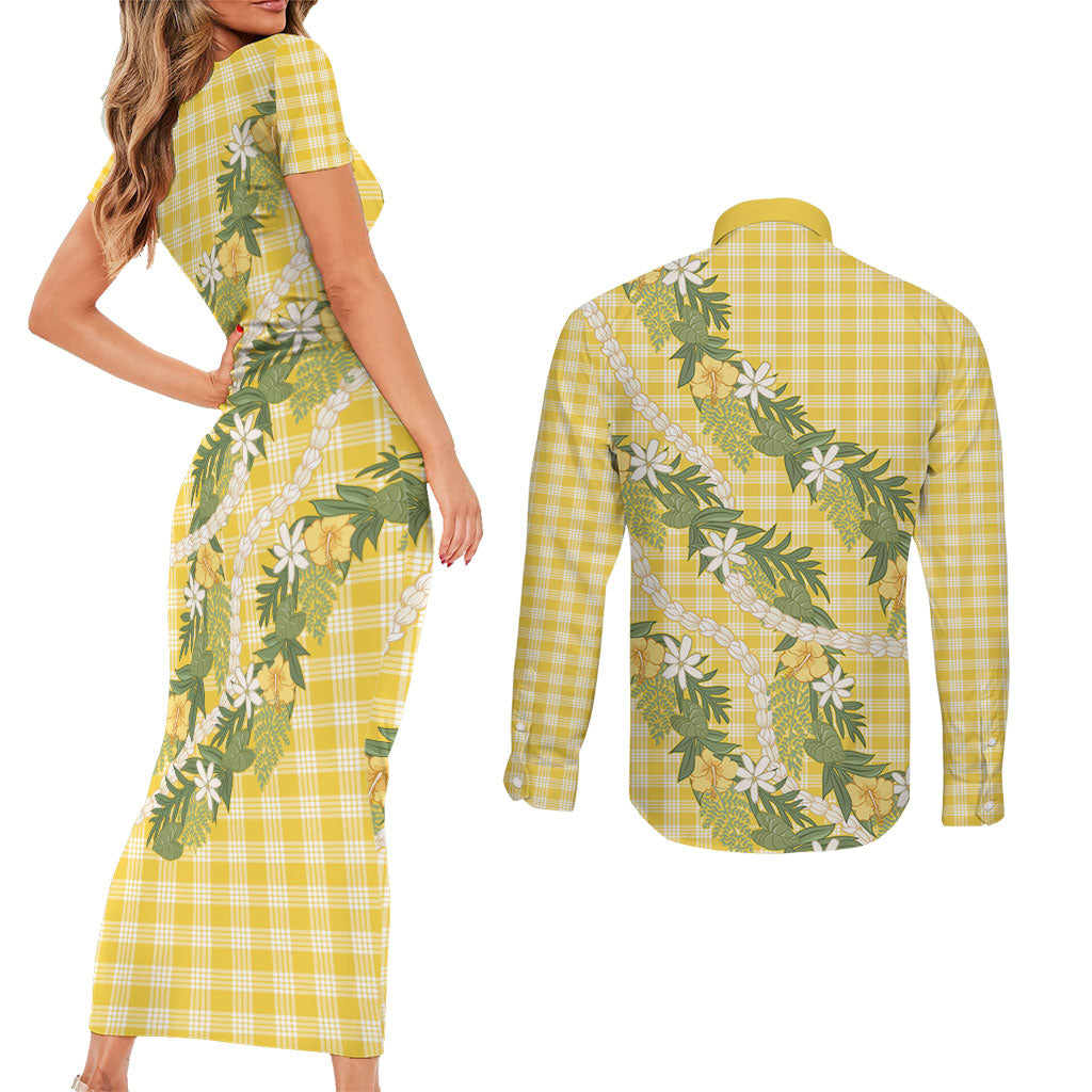Aloha Puakenikeni Anthurium Pikake Lei Couples Matching Short Sleeve Bodycon Dress and Long Sleeve Button Shirt Gold Hawaiian Palaka Pattern