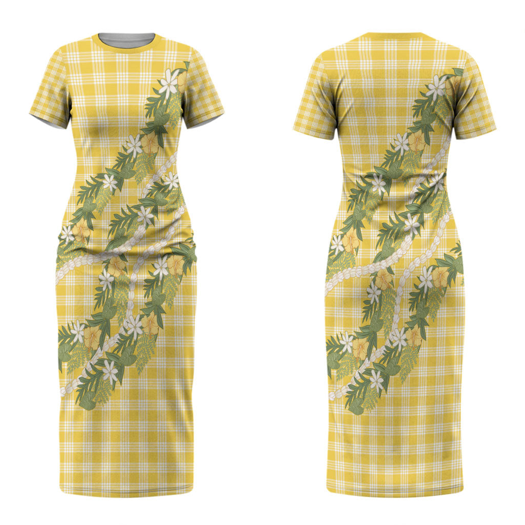 Aloha Puakenikeni Anthurium Pikake Lei Couples Matching Short Sleeve Bodycon Dress and Long Sleeve Button Shirt Gold Hawaiian Palaka Pattern LT9 - Polynesian Pride