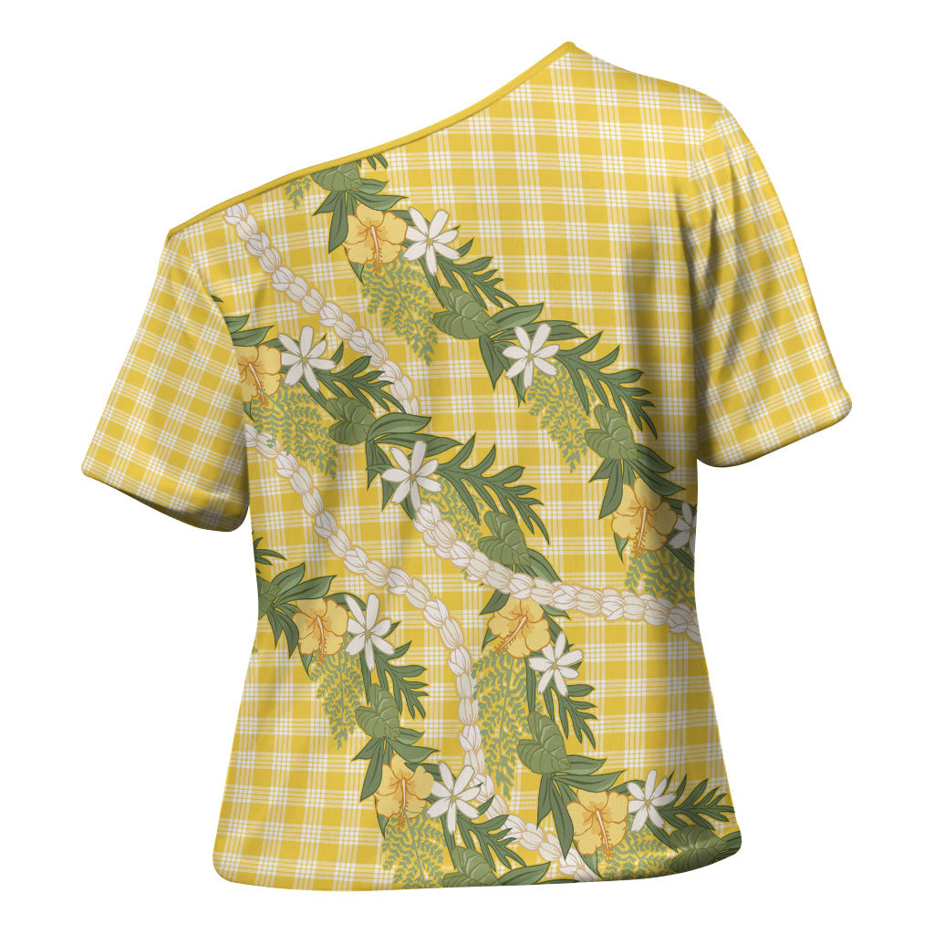 Aloha Puakenikeni Anthurium Pikake Lei Cross Shoulder Shirt Gold Hawaiian Palaka Pattern