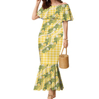 Aloha Puakenikeni Anthurium Pikake Lei Family Matching Mermaid Dress and Hawaiian Shirt Gold Hawaiian Palaka Pattern LT9 Mom's Dress Gold - Polynesian Pride