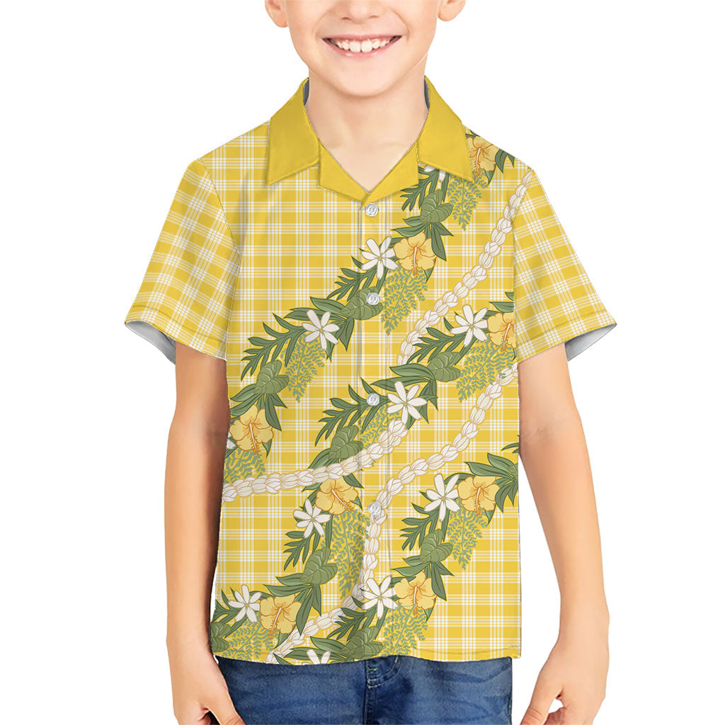 Aloha Puakenikeni Anthurium Pikake Lei Family Matching Mermaid Dress and Hawaiian Shirt Gold Hawaiian Palaka Pattern LT9 Son's Shirt Gold - Polynesian Pride