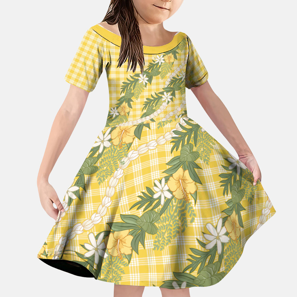 Aloha Puakenikeni Anthurium Pikake Lei Family Matching Off Shoulder Maxi Dress and Hawaiian Shirt Gold Hawaiian Palaka Pattern LT9 Daughter's Dress Gold - Polynesian Pride