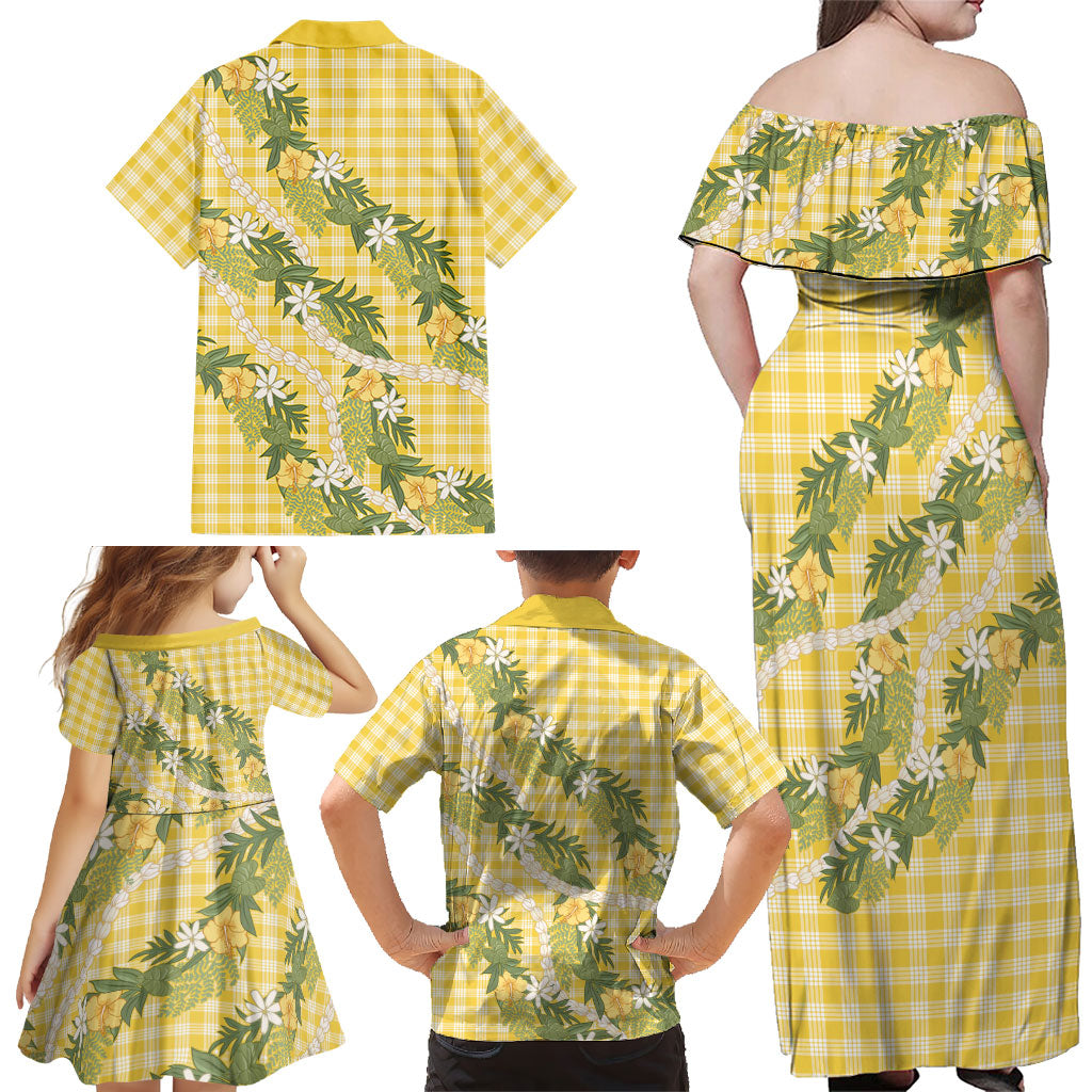 Aloha Puakenikeni Anthurium Pikake Lei Family Matching Off Shoulder Maxi Dress and Hawaiian Shirt Gold Hawaiian Palaka Pattern LT9 - Polynesian Pride