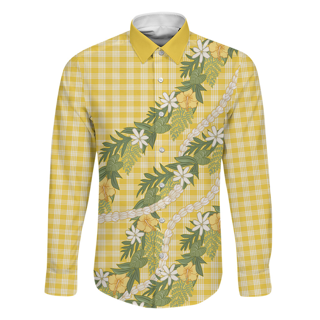 Aloha Puakenikeni Anthurium Pikake Lei Family Matching Off Shoulder Short Dress and Hawaiian Shirt Gold Hawaiian Palaka Pattern LT9 Dad's Shirt - Long Sleeve Gold - Polynesian Pride