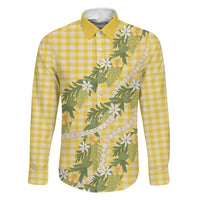 Aloha Puakenikeni Anthurium Pikake Lei Family Matching Off Shoulder Short Dress and Hawaiian Shirt Gold Hawaiian Palaka Pattern LT9 Dad's Shirt - Long Sleeve Gold - Polynesian Pride