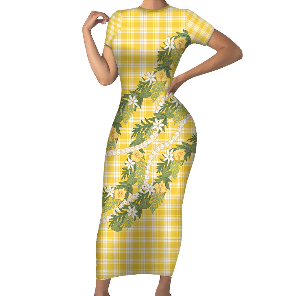 Aloha Puakenikeni Anthurium Pikake Lei Family Matching Short Sleeve Bodycon Dress and Hawaiian Shirt Gold Hawaiian Palaka Pattern LT9 Mom's Dress Gold - Polynesian Pride