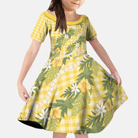 Aloha Puakenikeni Anthurium Pikake Lei Family Matching Summer Maxi Dress and Hawaiian Shirt Gold Hawaiian Palaka Pattern LT9 Daughter's Dress Gold - Polynesian Pride