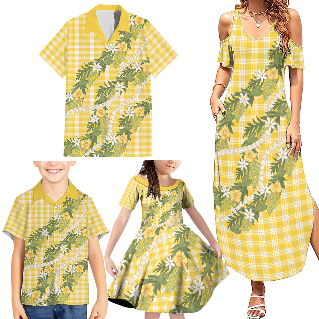 Aloha Puakenikeni Anthurium Pikake Lei Family Matching Summer Maxi Dress and Hawaiian Shirt Gold Hawaiian Palaka Pattern LT9 - Polynesian Pride
