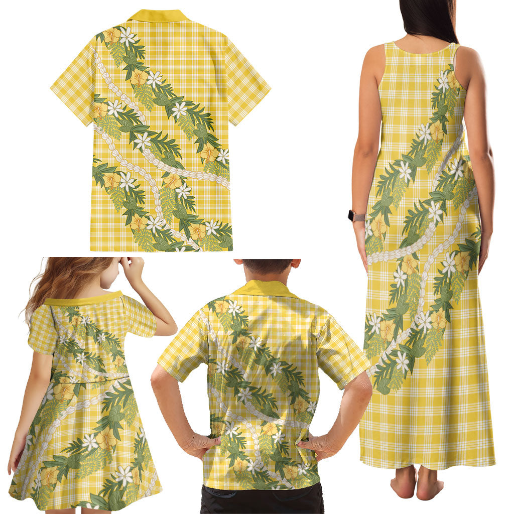 Aloha Puakenikeni Anthurium Pikake Lei Family Matching Tank Maxi Dress and Hawaiian Shirt Gold Hawaiian Palaka Pattern LT9 - Polynesian Pride