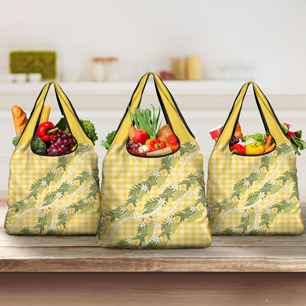 Aloha Puakenikeni Anthurium Pikake Lei Grocery Bag Gold Hawaiian Palaka Pattern LT9 3-pack One Size Gold - Polynesian Pride