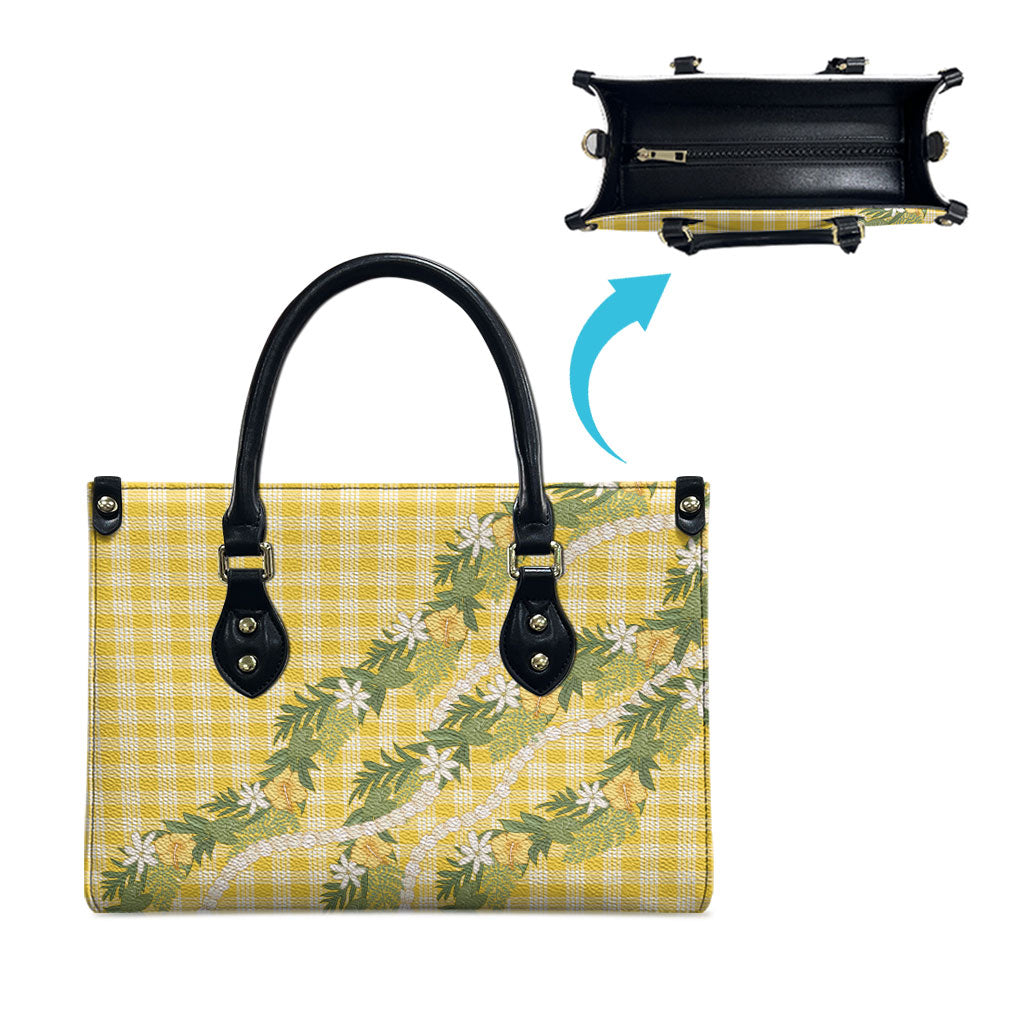 Aloha Puakenikeni Anthurium Pikake Lei Leather Bag Gold Hawaiian Palaka Pattern