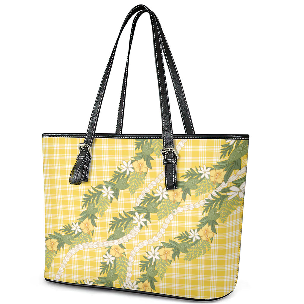 Aloha Puakenikeni Anthurium Pikake Lei Leather Tote Bag Gold Hawaiian Palaka Pattern