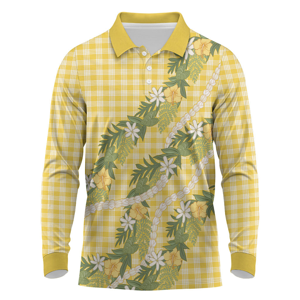 Aloha Puakenikeni Anthurium Pikake Lei Long Sleeve Polo Shirt Gold Hawaiian Palaka Pattern