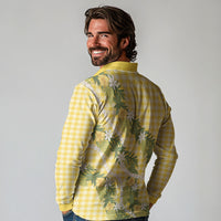 Aloha Puakenikeni Anthurium Pikake Lei Long Sleeve Polo Shirt Gold Hawaiian Palaka Pattern