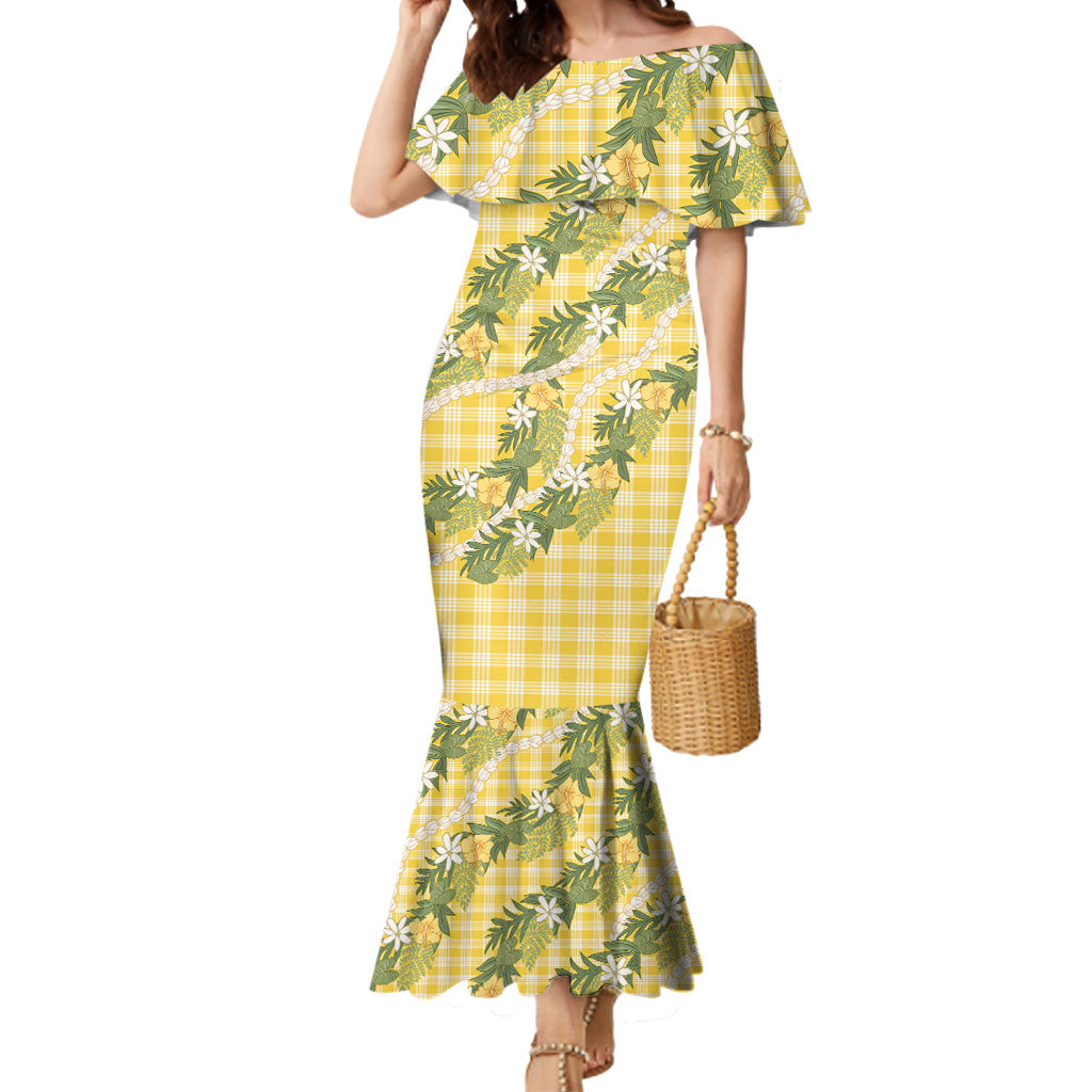 Aloha Puakenikeni Anthurium Pikake Lei Mermaid Dress Gold Hawaiian Palaka Pattern
