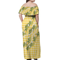 Aloha Puakenikeni Anthurium Pikake Lei Off Shoulder Maxi Dress Gold Hawaiian Palaka Pattern