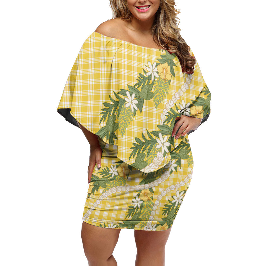 Aloha Puakenikeni Anthurium Pikake Lei Off Shoulder Short Dress Gold Hawaiian Palaka Pattern