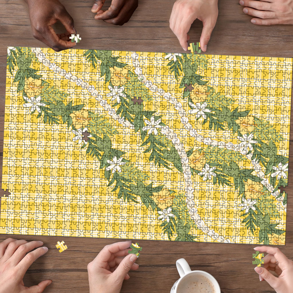 Aloha Puakenikeni Anthurium Pikake Lei Puzzle Gold Hawaiian Palaka Pattern