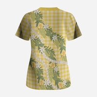 Aloha Puakenikeni Anthurium Pikake Lei Scrub Top Gold Hawaiian Palaka Pattern