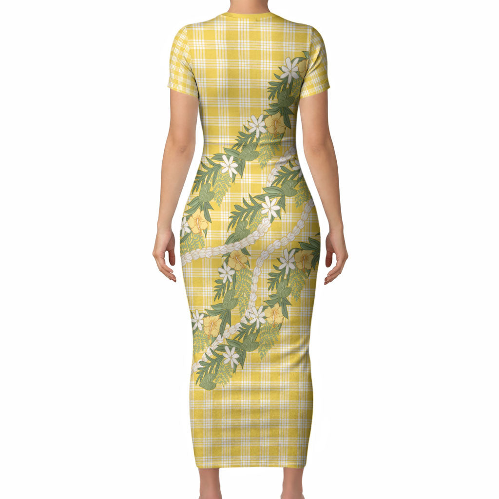 Aloha Puakenikeni Anthurium Pikake Lei Short Sleeve Bodycon Dress Gold Hawaiian Palaka Pattern LT9 - Polynesian Pride
