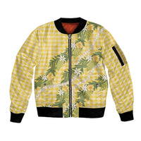 Aloha Puakenikeni Anthurium Pikake Lei Sleeve Zip Bomber Jacket Gold Hawaiian Palaka Pattern