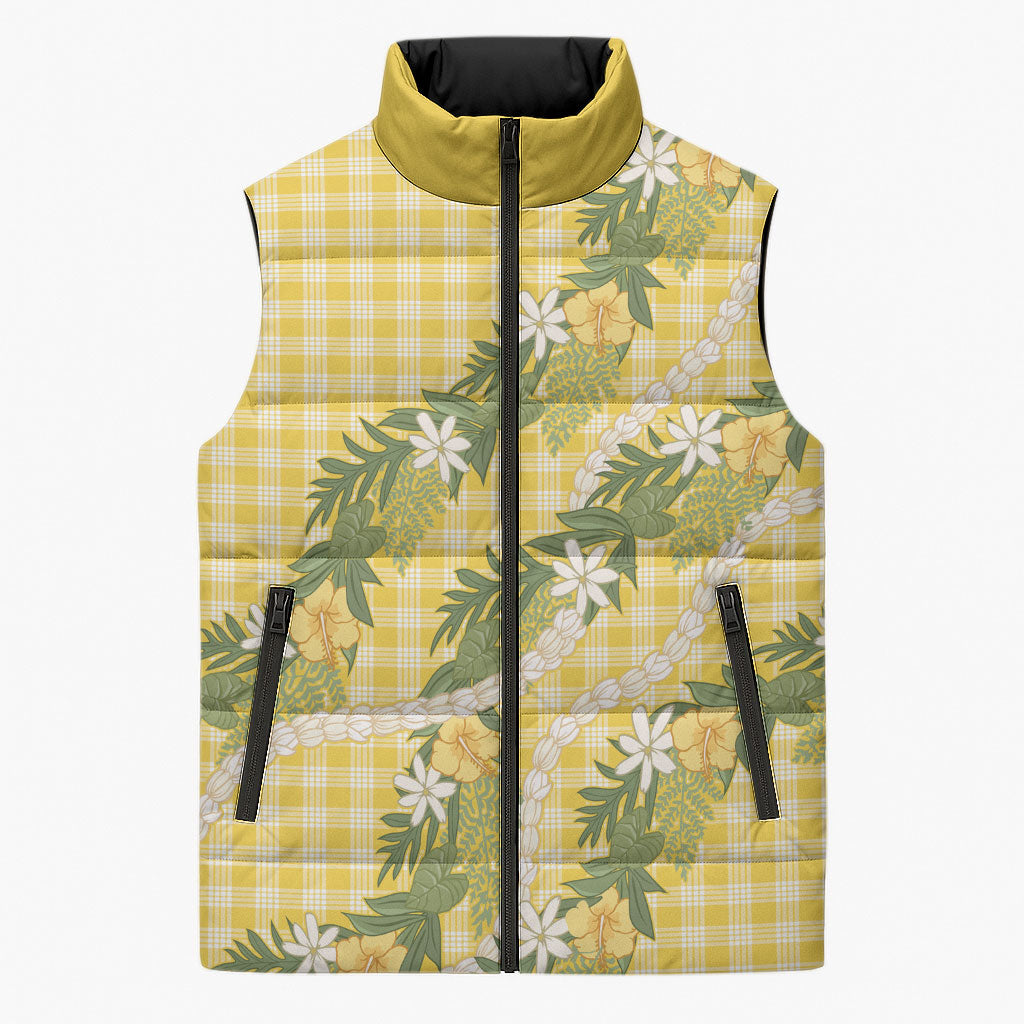 Aloha Puakenikeni Anthurium Pikake Lei Sleeveless Puffer Jacket Gold Hawaiian Palaka Pattern