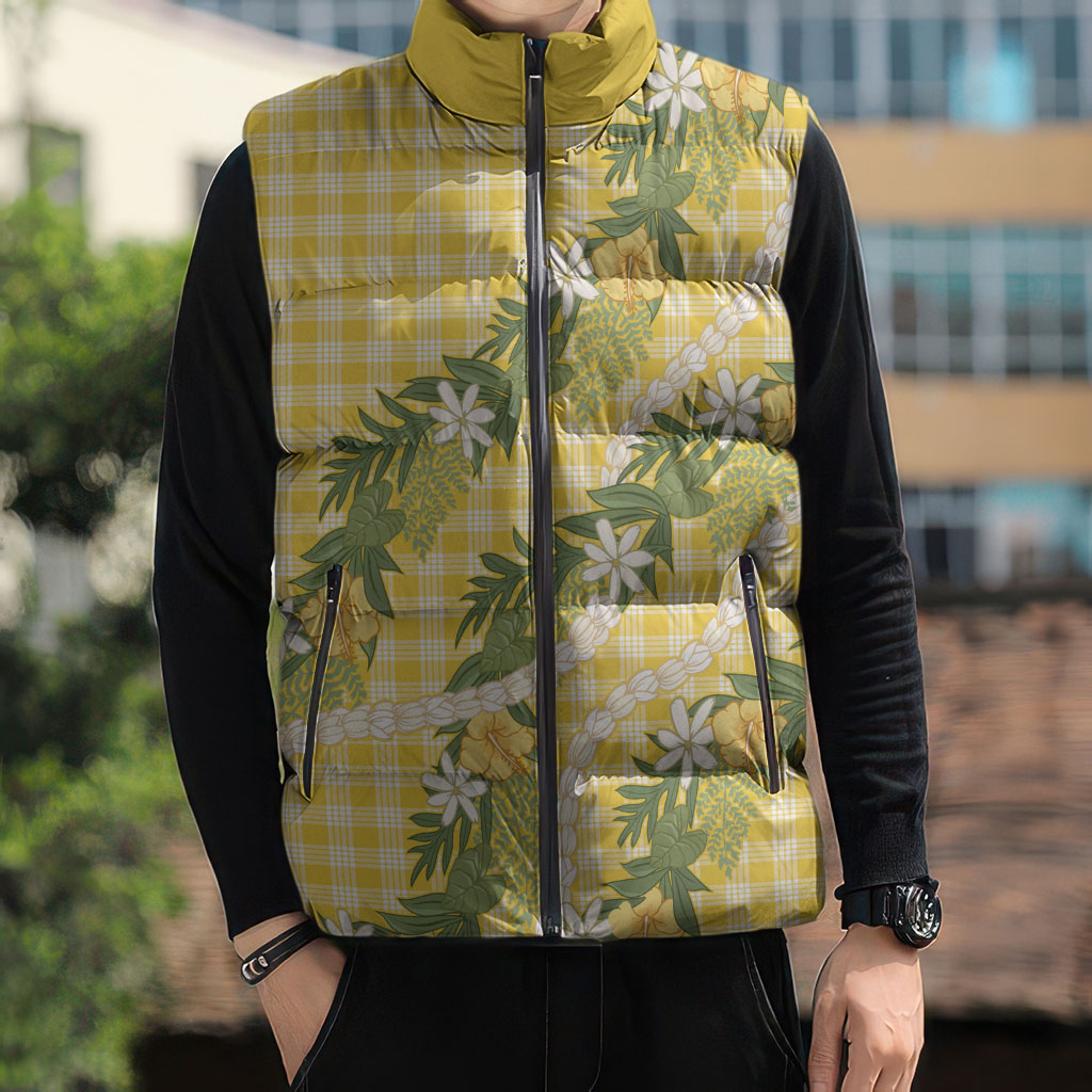 Aloha Puakenikeni Anthurium Pikake Lei Sleeveless Puffer Jacket Gold Hawaiian Palaka Pattern