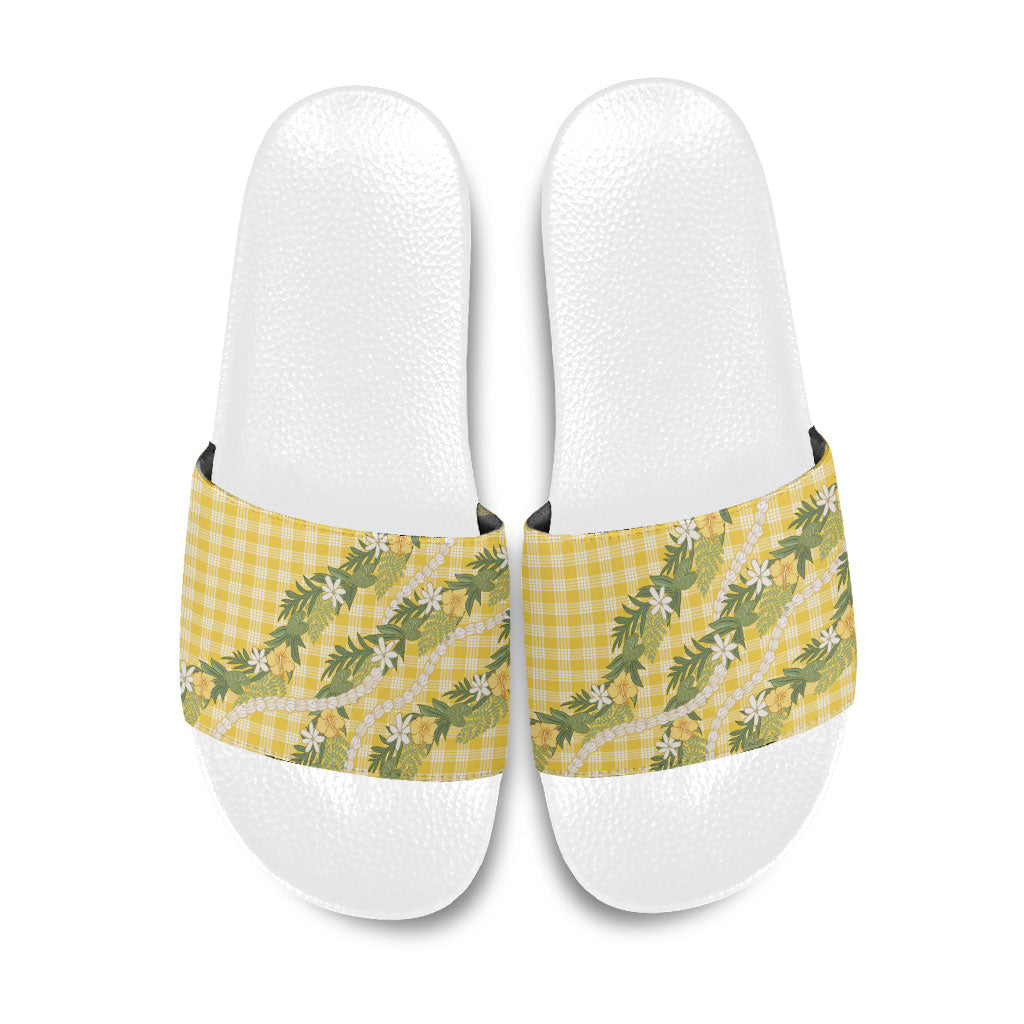 Aloha Puakenikeni Anthurium Pikake Lei Slide Sandals Gold Hawaiian Palaka Pattern