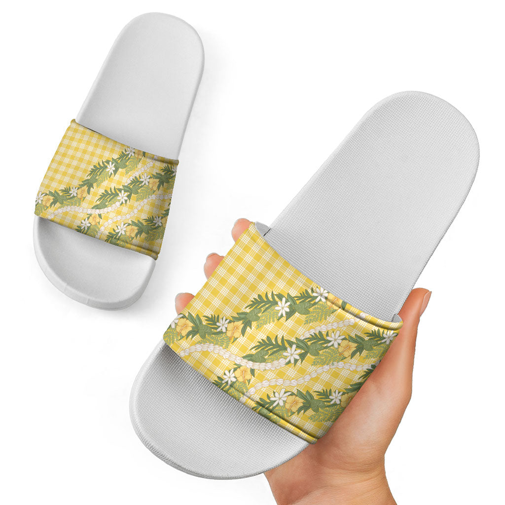 Aloha Puakenikeni Anthurium Pikake Lei Slide Sandals Gold Hawaiian Palaka Pattern