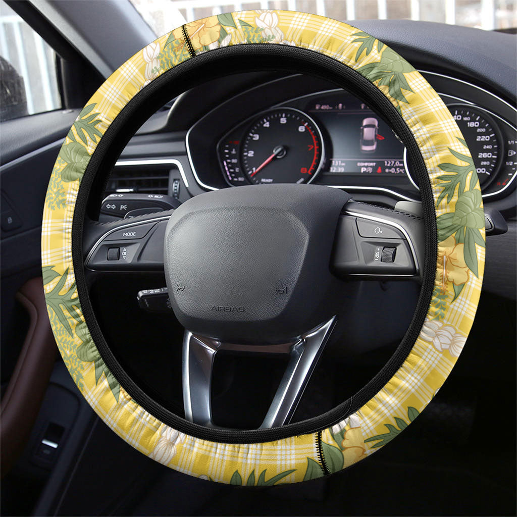 Aloha Puakenikeni Anthurium Pikake Lei Steering Wheel Cover Gold Hawaiian Palaka Pattern LT9 - Polynesian Pride
