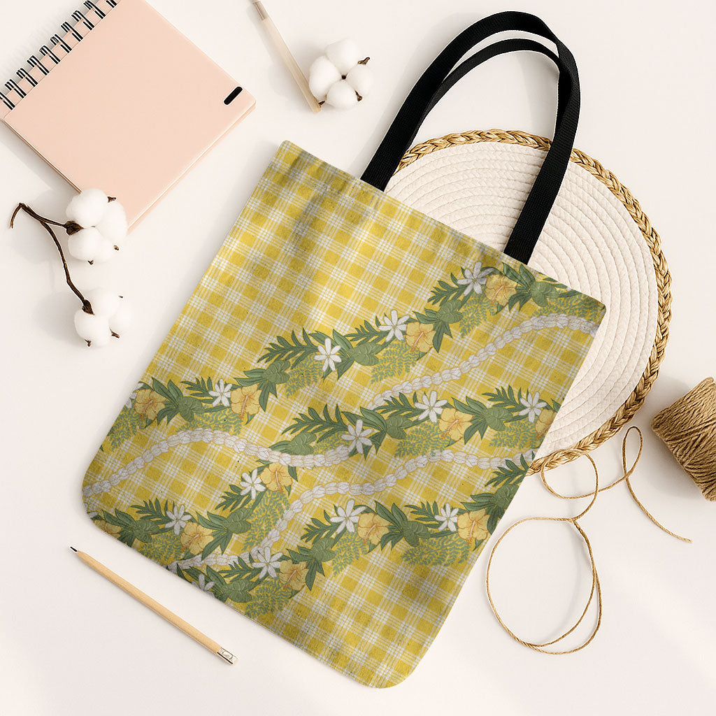 Aloha Puakenikeni Anthurium Pikake Lei Tote Bag Gold Hawaiian Palaka Pattern