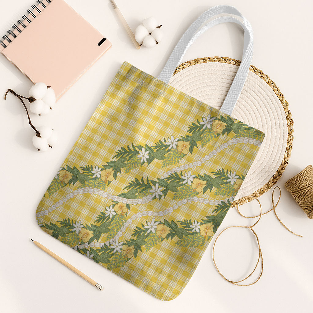 Aloha Puakenikeni Anthurium Pikake Lei Tote Bag Gold Hawaiian Palaka Pattern LT9 White Strap One Size Gold - Polynesian Pride