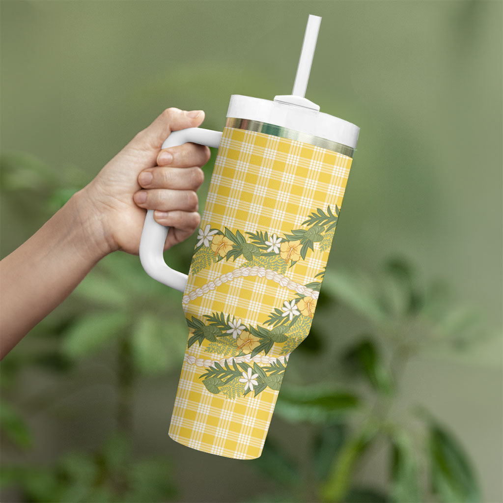 Aloha Puakenikeni Anthurium Pikake Lei Tumbler With Handle Gold Hawaiian Palaka Pattern