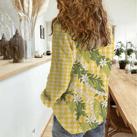 Aloha Puakenikeni Anthurium Pikake Lei Women Casual Shirt Gold Hawaiian Palaka Pattern