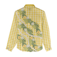 Aloha Puakenikeni Anthurium Pikake Lei Women Casual Shirt Gold Hawaiian Palaka Pattern