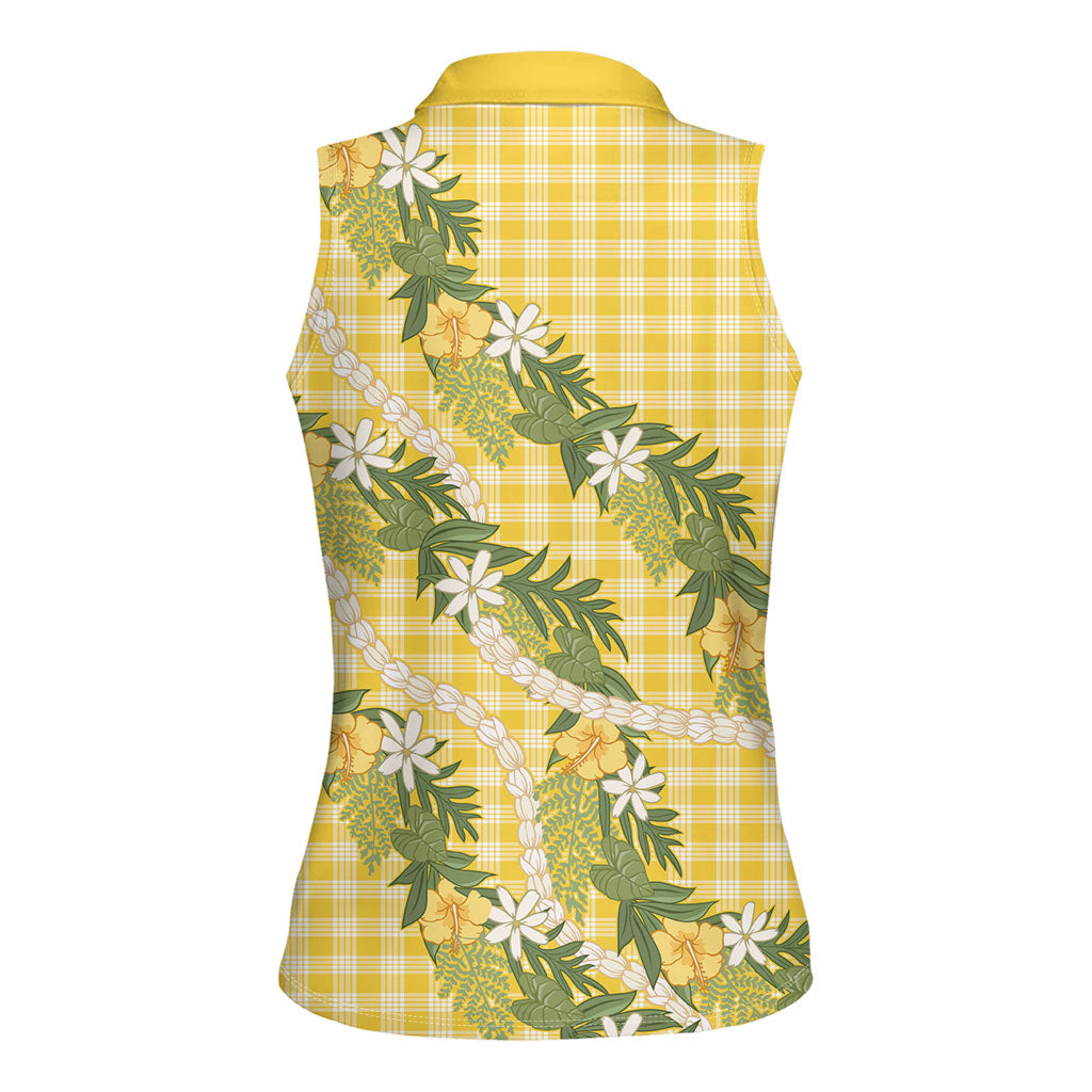 Aloha Puakenikeni Anthurium Pikake Lei Women Sleeveless Polo Shirt Gold Hawaiian Palaka Pattern