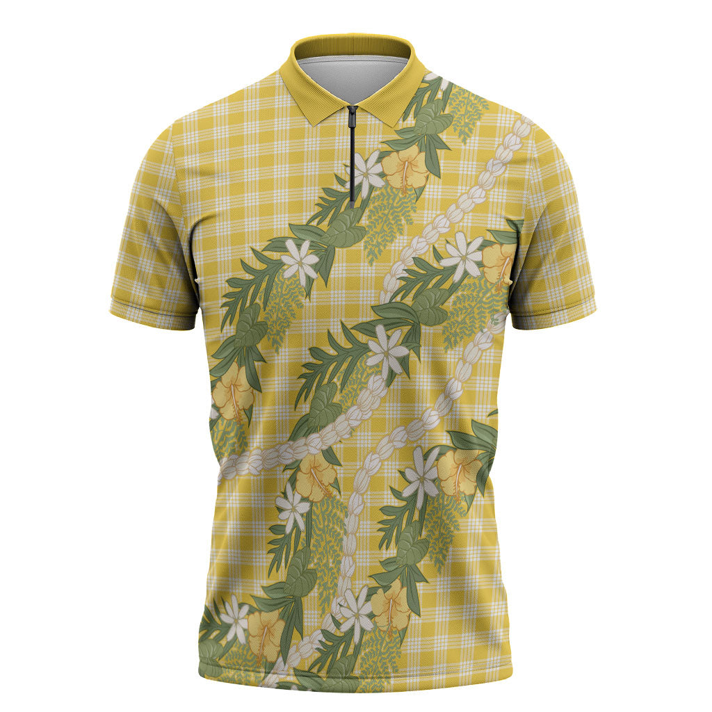 Aloha Puakenikeni Anthurium Pikake Lei Zipper Polo Shirt Gold Hawaiian Palaka Pattern