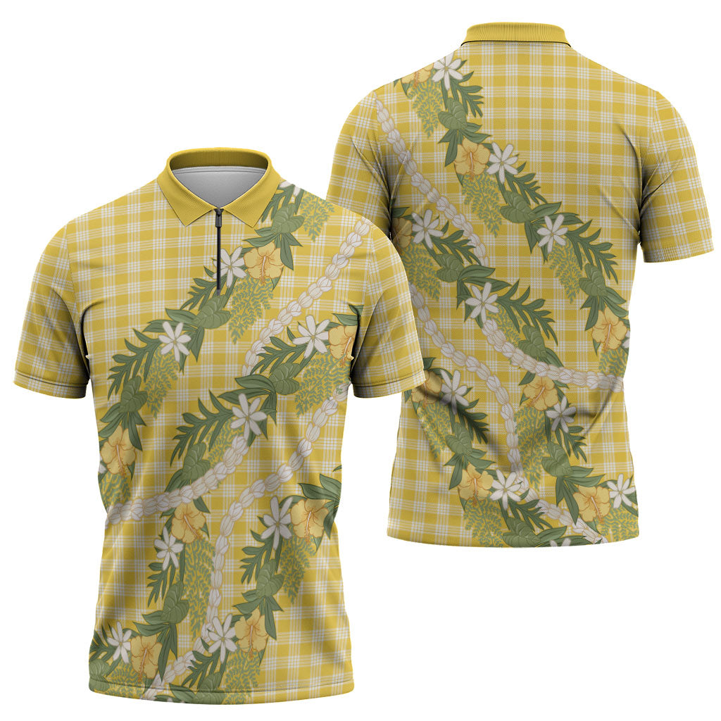 Aloha Puakenikeni Anthurium Pikake Lei Zipper Polo Shirt Gold Hawaiian Palaka Pattern