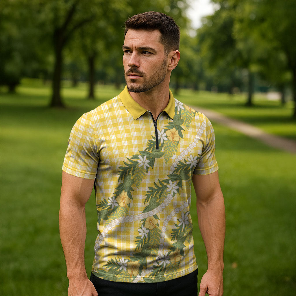 Aloha Puakenikeni Anthurium Pikake Lei Zipper Polo Shirt Gold Hawaiian Palaka Pattern
